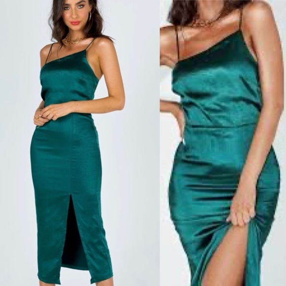 Oh Polly Emerald Green Asymetrical Satin Side Slit Midi Dress - Picture 11 of 11